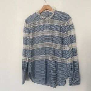 Sandro Blue and White Striped Lace-Trimmed Top